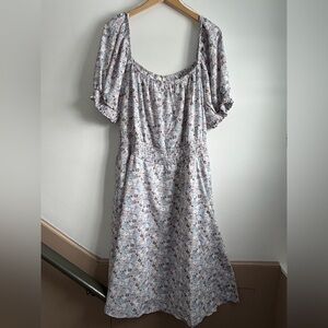 Hayden Floral Puff Sleeve Midi Dress - Cream and Blue